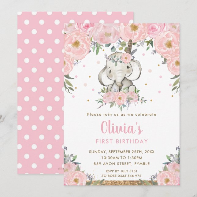 Invitación Chica del elefante tribal Floral Rosa Boho Primer  (Anverso / Reverso)