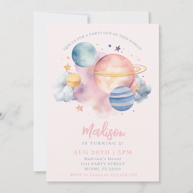 Invitación Chica del espacio exterior Cumpleaños Planetas Est (Anverso)