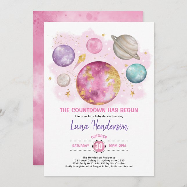 Invitación Chica del espacio ultraterrestre Baby Shower Moon  (Anverso / Reverso)