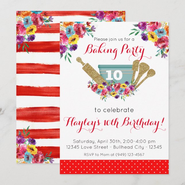 Invitación Chica del Fiesta de hornear de Red Floral Pioneer (Anverso / Reverso)