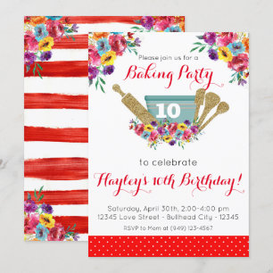 Invitación Chica del Fiesta de hornear de Red Floral Pioneer