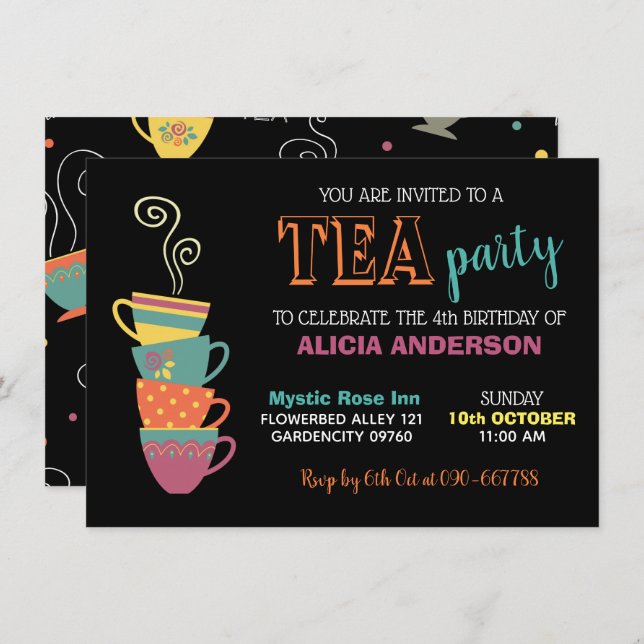 Invitación Chica del Fiesta del té Cumpleaños vasos calientes (Anverso / Reverso)