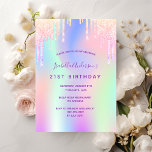 Invitación Chica del fiesta holográfico rosa púrpura de cumpl<br><div class="desc">Invitación a la fiesta de cumpleaños 21 (o a cualquier edad) de niñas y mujeres. En el frente: fondo holográfico de color morado, rosa y verde menta. Decorado con goteo en oro morado, rosa y falso. Personalice y agregue un nombre y detalles del fiesta. El nombre está escrito con un...</div>