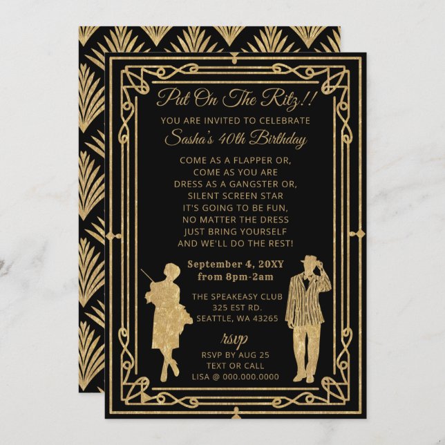 Invitación Chica del flapper Art Deco e invento pangster de l (Anverso / Reverso)
