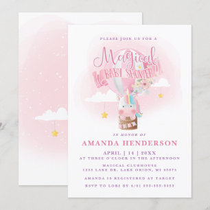 Invitación Chica del Globo Aerostático Unicornio Baby Shower