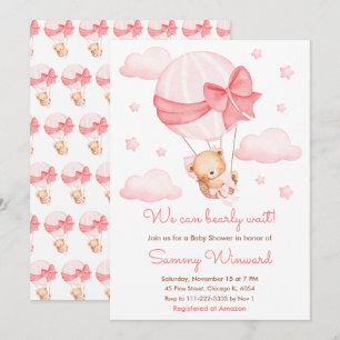Invitación Chica del Globo Rosa Baby Shower de Osito