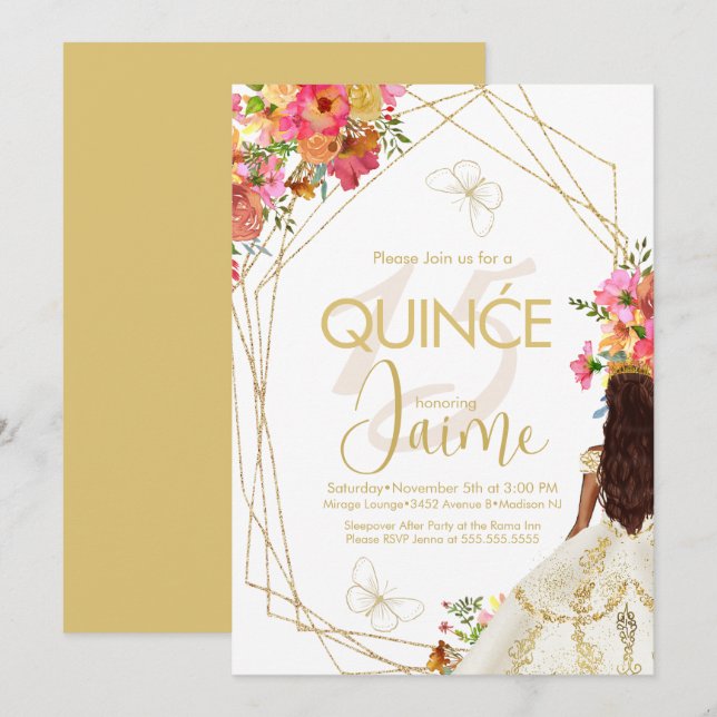 Invitación Chica del Jardín de Quince Florals Mono (Anverso / Reverso)