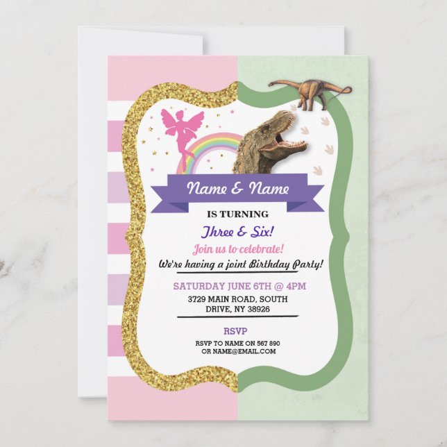 Invitación  Chica del niño conjunto de hadas y dinosaurios Cu (Anverso)