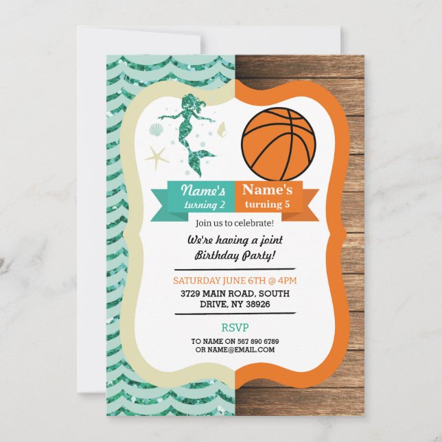 Invitación Chica del niño de la Sirena y el Baloncesto Cumple (Anverso)