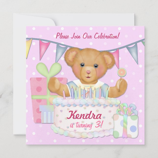 Invitación Chica del oso de cumpleaños - tercer cumpleaños (Anverso)