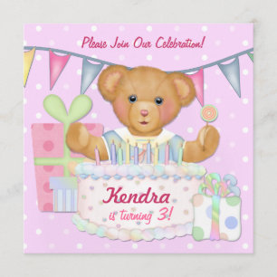Invitación Chica del oso de cumpleaños - tercer cumpleaños