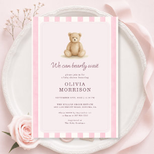 Invitación Chica del Oso de Peluche Rosa Rayas Shower de Bebé