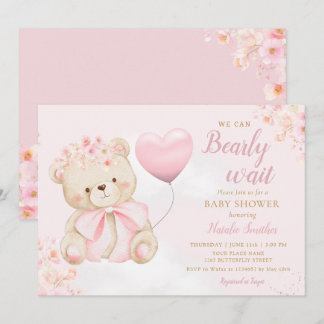 Invitación Chica del Oso Teddy Boho Fiesta de Bebé Rosa Apena