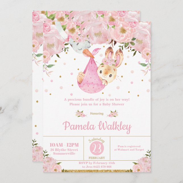 Invitación Chica del paquete de cigüeñas de conejo bucal rosa (Anverso / Reverso)