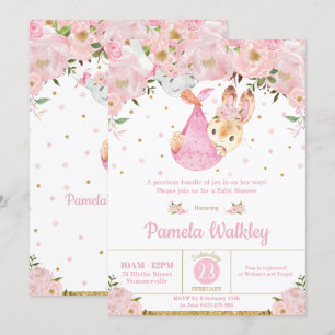 Invitación Chica del paquete de cigüeñas de conejo bucal rosa