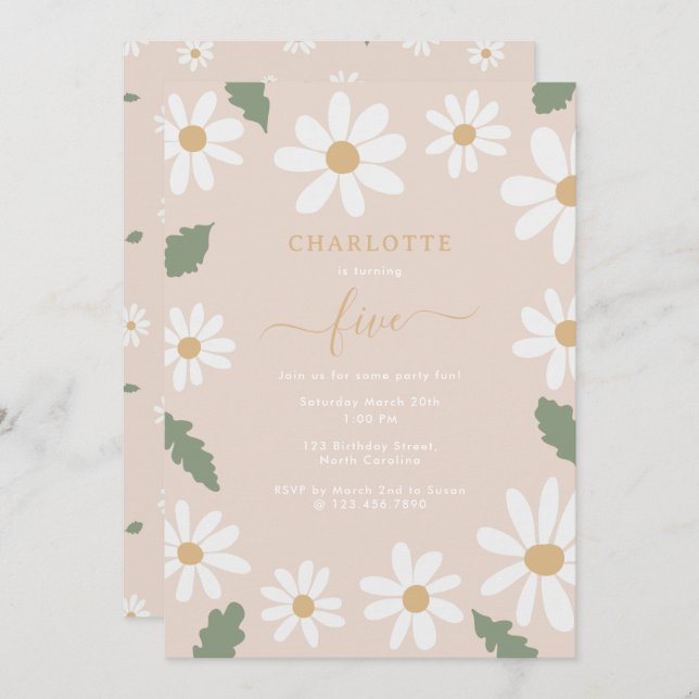 Invitación Chica del partido de cumpleaños de la flor cute Da (Anverso / Reverso)