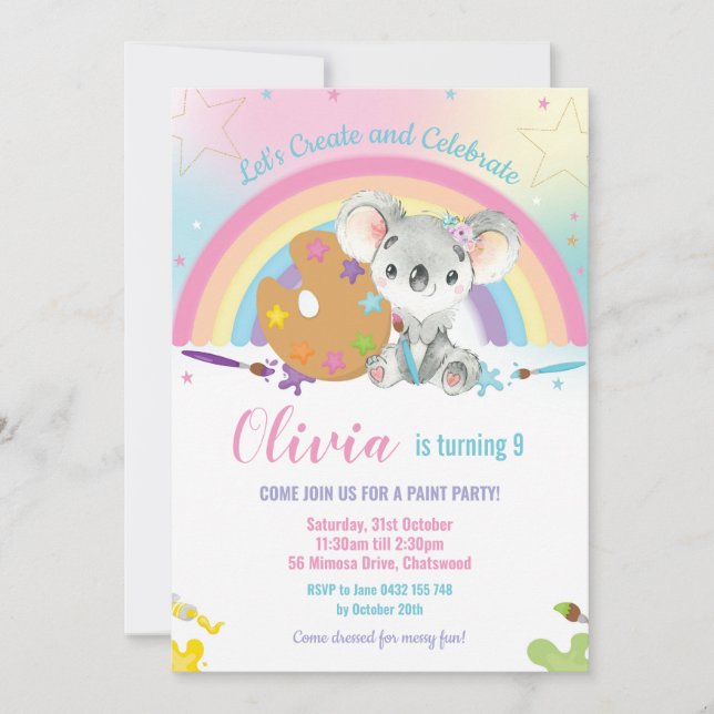 Invitación Chica del Partido de Cumpleaños del Arcoiris Koala (Anverso)