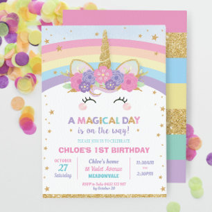 Invitación Chica del partido de cumpleaños Rainbow Unicorn
