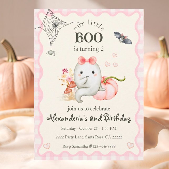 Invitación Chica del partido de cumpleaños rosado de Cute Boo (Cute Ghost Boo Turning 2 Birthday Party Invitation. Easy to personalize.)