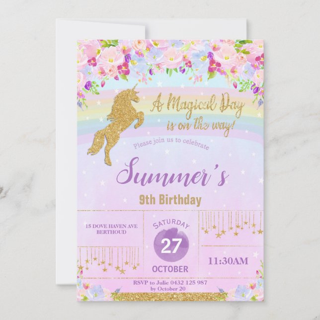 Invitación Chica del partido de cumpleaños Unicornio Purple F (Anverso)