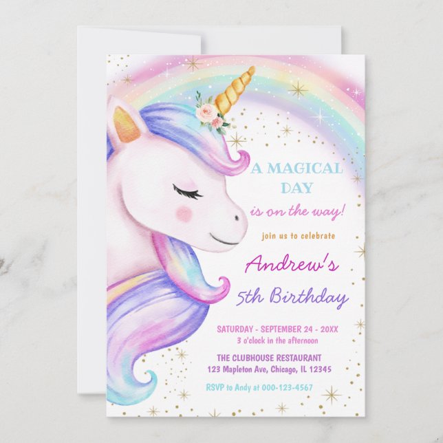 Invitación Chica del partido del cumpleaños mágico Rainbow de (Anverso)