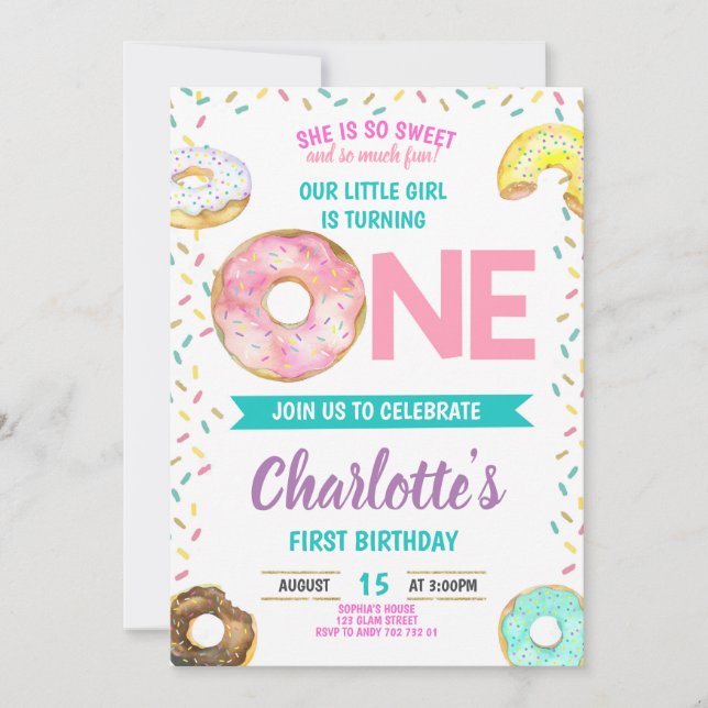 Invitación Chica del primer cumpleaños dulce dulce dulce (Anverso)