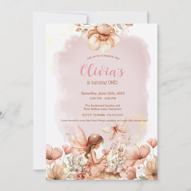 Invitación Chica del primer tema de hadas Personalizado Fiest (Anverso)