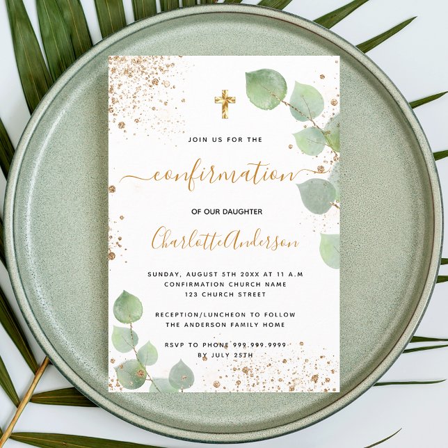 Invitación Chica del purpurina de oro de eucalipto de confirm (Subido por el creador)