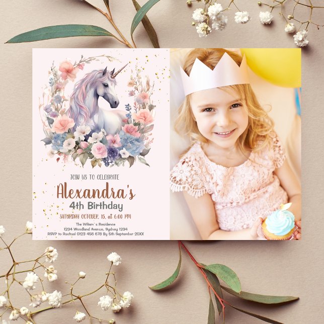 Invitación Chica del Purpurina de oro Rainbow Unicorn (Subido por el creador)