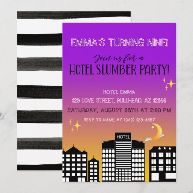 Invitación Chica del Skyline del hotel fiesta lúgubre morado (Anverso / Reverso)