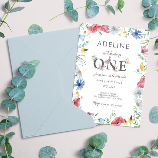 Invitación Chica del tema de las flores silvestres primero fl (Wild One Wildflower Floral 1st Birthday Girl invitations with instant download option girly floral )