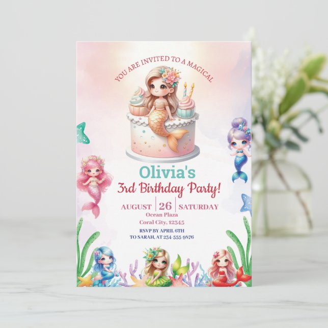 Invitación Chica del tercer cumpleaños de la sirena mágica (Anverso de pie)
