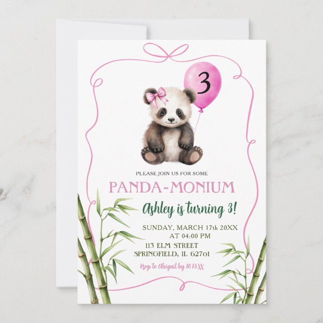 Invitación Chica dibujado a mano rosa Panda con cumpleaños de (Anverso)