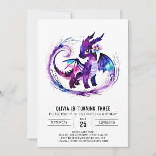 Invitación Chica digital de Dragon Editable Colorable Cumplea