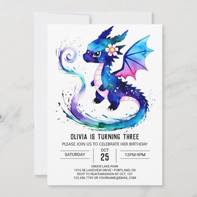Invitación Chica digital Dragón Adorable Rosa Cumpleaños (Anverso)