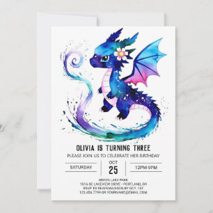 Invitación Chica digital Dragón Adorable Rosa Cumpleaños
