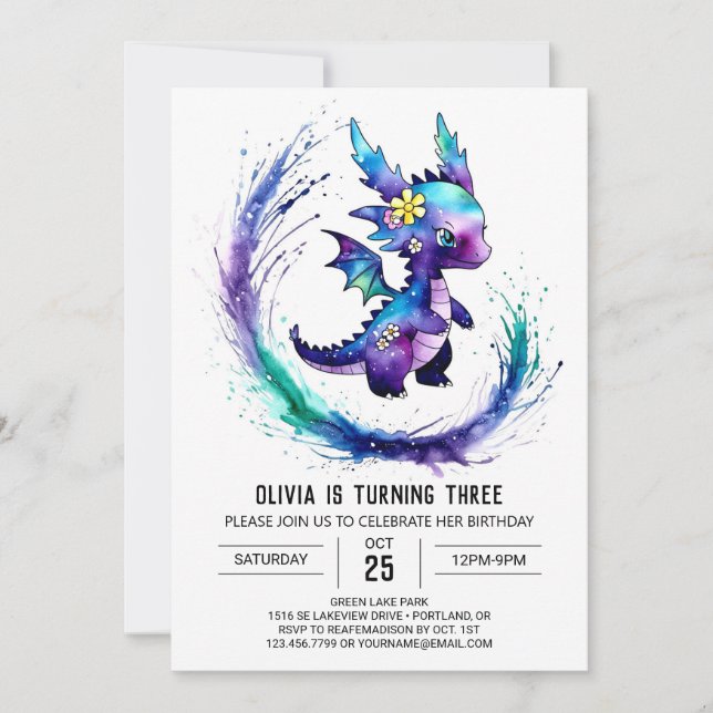 Invitación Chica digital Dragon Personalizado Pintado Cumplea (Anverso)