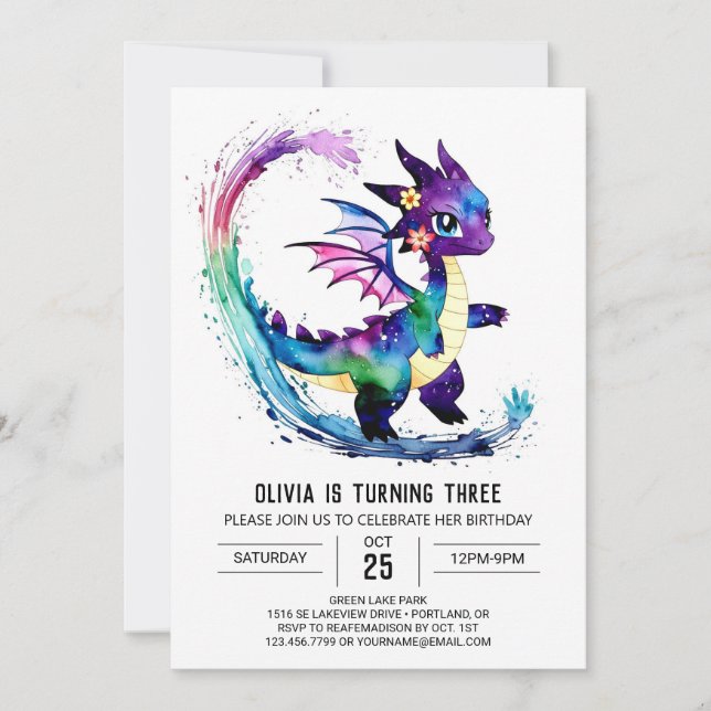 Invitación Chica digital Fantasy Dragon editable Cumpleaños (Anverso)