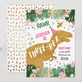 Invitación Chica Dino Rosa de Dinosaurio de 3 Rex