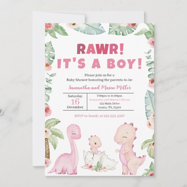 Invitación Chica Dinosaur Baby Shower (Anverso)