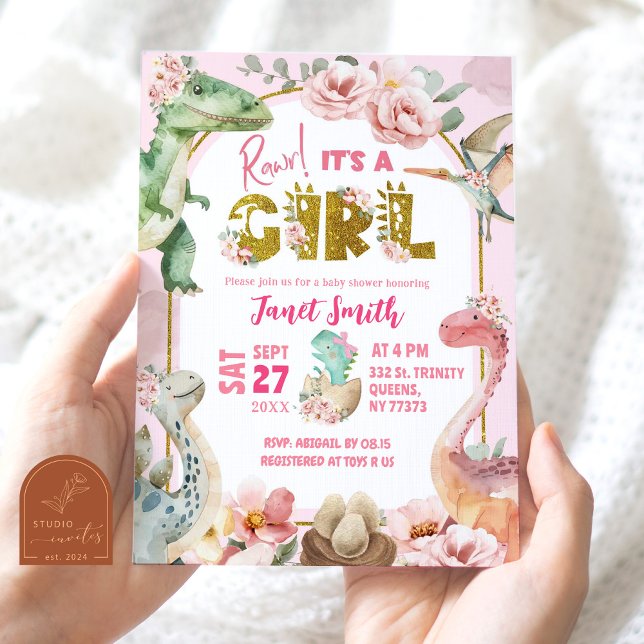 Invitación Chica Dinosaur Pink Jurassic Baby Shower (Subido por el creador)