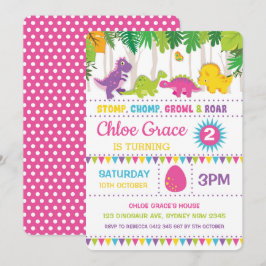 Invitación Chica Dinosaurio Birthday Pink Roar Dino Fiesta