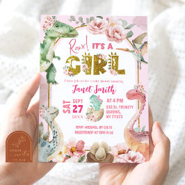 Invitación Chica Dinosaurio Rosa Jurásico Baby Shower