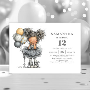 Invitación Chica Divertida Caprichosa Cumpleaños 10 Negro Oro