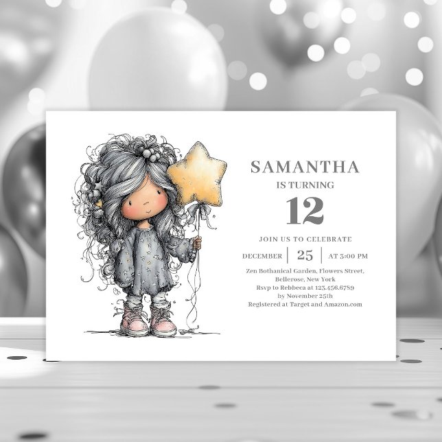 Invitación Chica Divertida con Capricho Cumpleaños 9 Negro Do (Whimsy Funny Girl 9th Birthday Black Gold Party invitation)