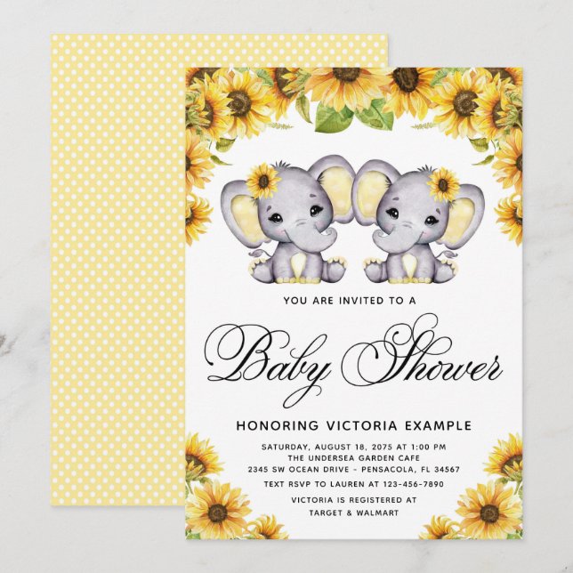 Invitación Chica Doble Elefante Girasol Baby Shower (Anverso / Reverso)