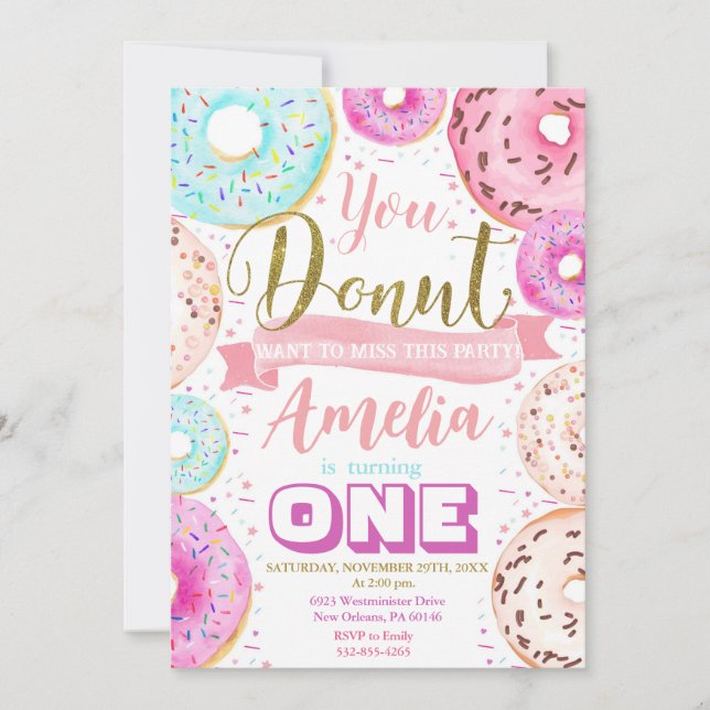 Invitación Chica Donut Birthday Party (Anverso)