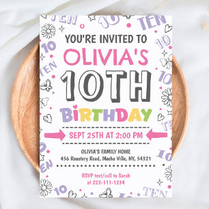 Invitación Chica Doodle 10° cumpleaños