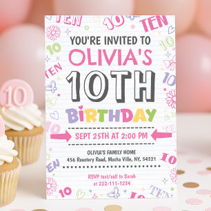 Invitación Chica Doodle Rosa 10 cumpleaños