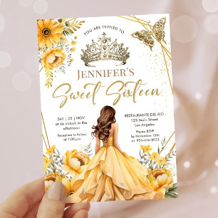 Invitación Chica dorada amarilla Princesa Tiara Floral Sweet 
